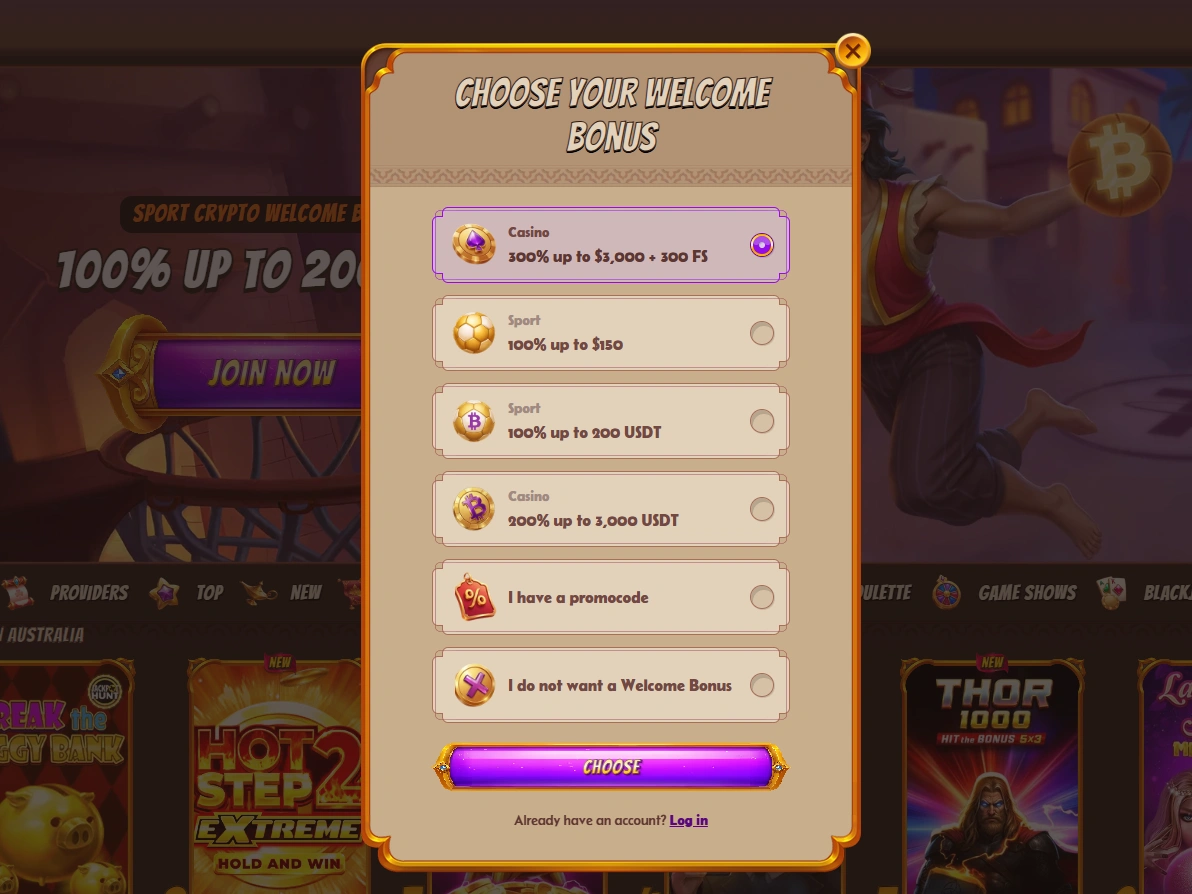Registration screen showing casino, sports and crypto welcome bonus options with a Choose button