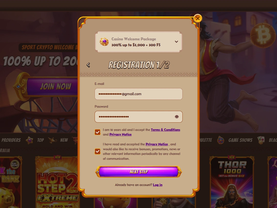 Registration form showing email, password fields and consent checkboxes with a Next Step button