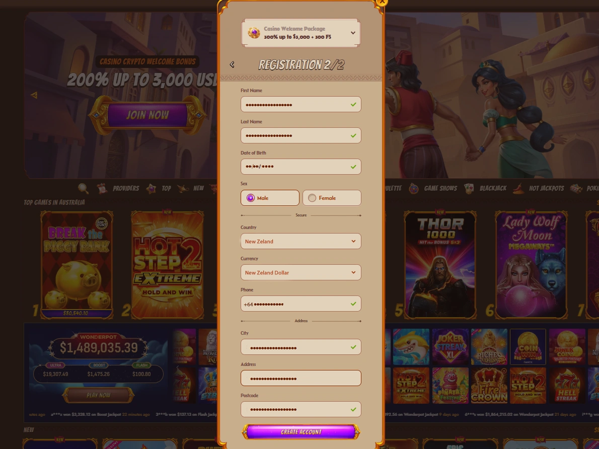 Registration form showing name, address and New Zealand currency fields with validation ticks